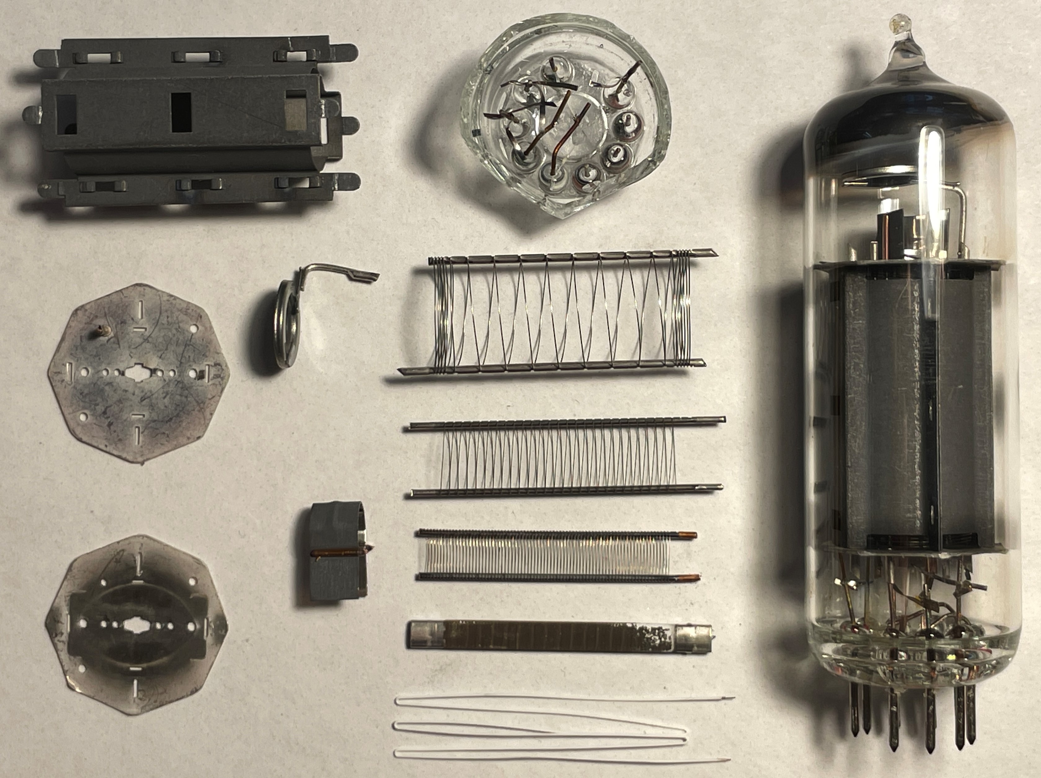 All of the parts of the tube laid out and compared with an EL84